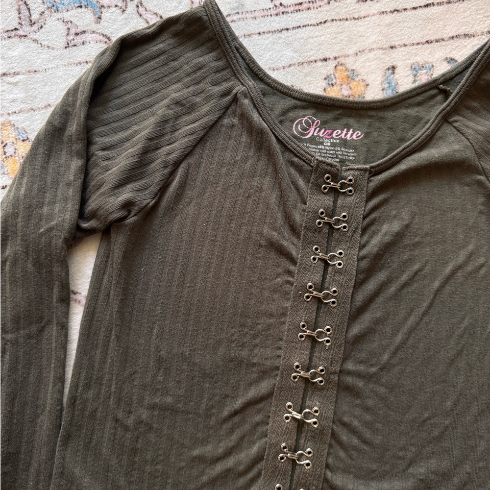 Sivette Olive Rib-Knit Long Sleeve Top with Hook-Front Detail